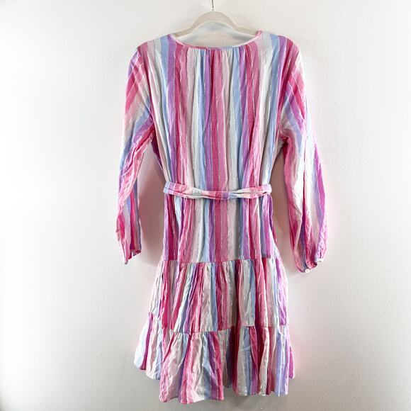 J. Crew Belted Button Up Long Sleeve Mini Dress in Pastel Stripe Purple Pink M - Picture 6 of 10